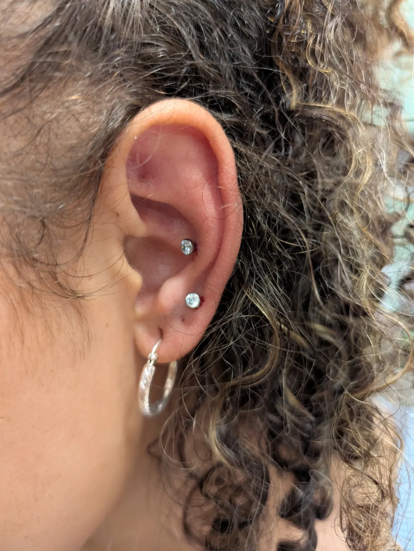 Left Second Ear Lobe and Conch Piercings Close up of an ear with a second ear lobe and conch piercing.